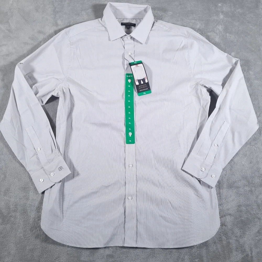 Banana Republic Shirt Mens XL Gray Stretch Poplin Slim Fit Button Up Long Sleeve